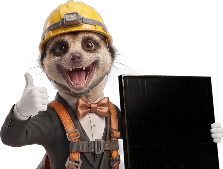 Mascotte feedenergy — un suricate casqué, pouce levé, tenant un panneau photovoltaïque full black
